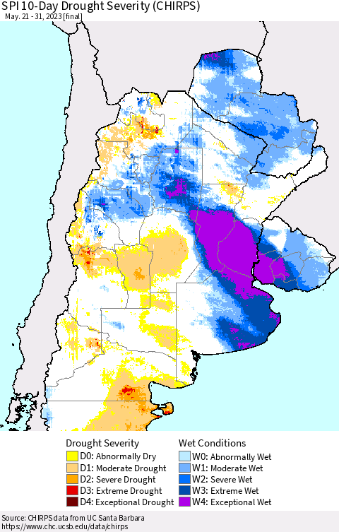 Southern South America SPI 10-Day Drought Severity (CHIRPS) Thematic Map For 5/21/2023 - 5/31/2023