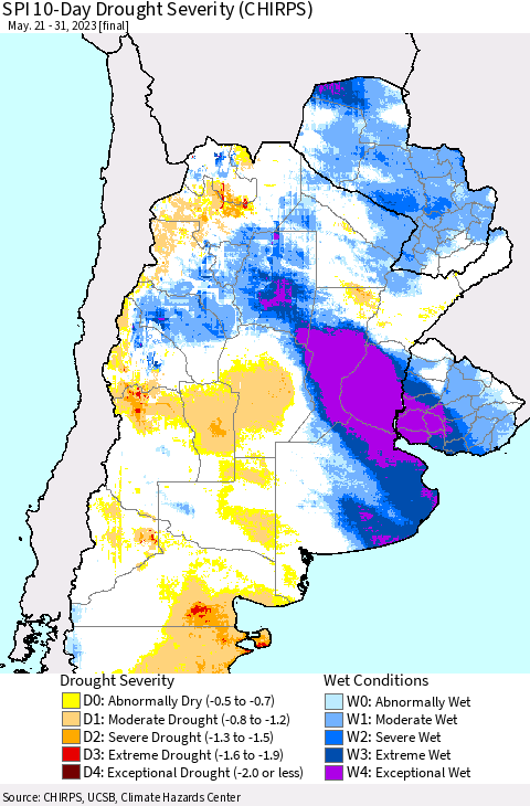 Southern South America SPI 10-Day Drought Severity (CHIRPS) Thematic Map For 5/21/2023 - 5/31/2023