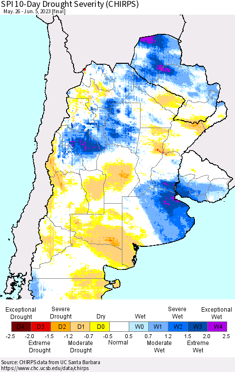 Southern South America SPI 10-Day Drought Severity (CHIRPS) Thematic Map For 5/26/2023 - 6/5/2023