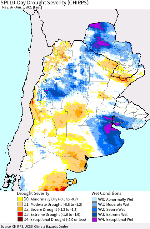 Southern South America SPI 10-Day Drought Severity (CHIRPS) Thematic Map For 5/26/2023 - 6/5/2023