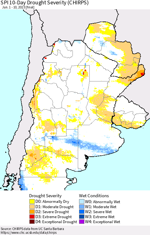 Southern South America SPI 10-Day Drought Severity (CHIRPS) Thematic Map For 6/1/2023 - 6/10/2023