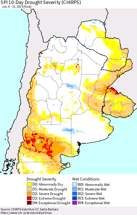 Southern South America SPI 10-Day Drought Severity (CHIRPS) Thematic Map For 6/6/2023 - 6/15/2023