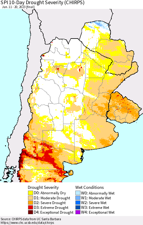 Southern South America SPI 10-Day Drought Severity (CHIRPS) Thematic Map For 6/11/2023 - 6/20/2023