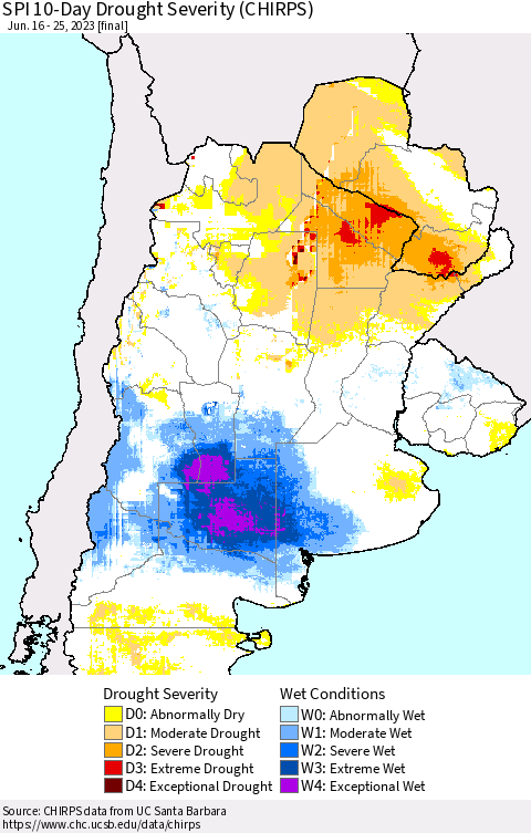 Southern South America SPI 10-Day Drought Severity (CHIRPS) Thematic Map For 6/16/2023 - 6/25/2023