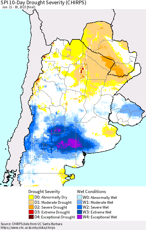 Southern South America SPI 10-Day Drought Severity (CHIRPS) Thematic Map For 6/21/2023 - 6/30/2023