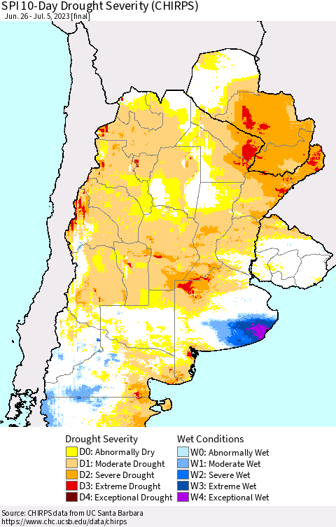Southern South America SPI 10-Day Drought Severity (CHIRPS) Thematic Map For 6/26/2023 - 7/5/2023