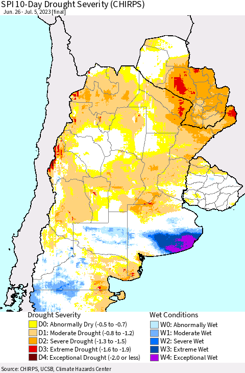 Southern South America SPI 10-Day Drought Severity (CHIRPS) Thematic Map For 6/26/2023 - 7/5/2023