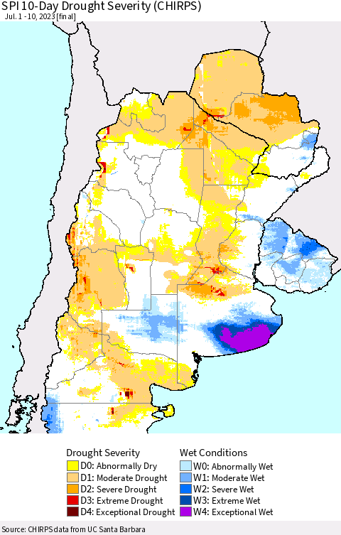 Southern South America SPI 10-Day Drought Severity (CHIRPS) Thematic Map For 7/1/2023 - 7/10/2023