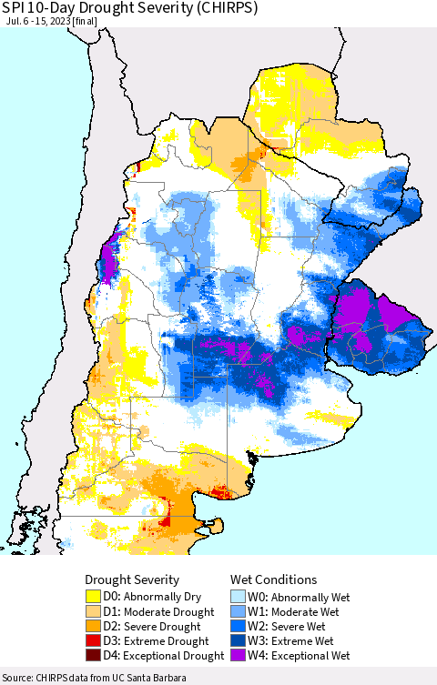Southern South America SPI 10-Day Drought Severity (CHIRPS) Thematic Map For 7/6/2023 - 7/15/2023