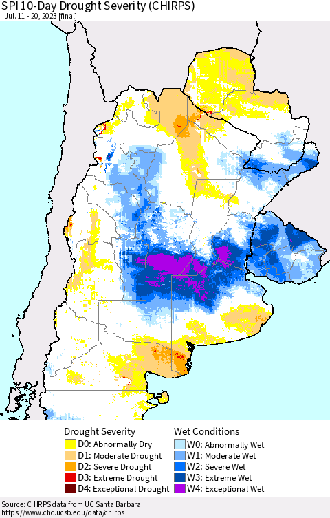 Southern South America SPI 10-Day Drought Severity (CHIRPS) Thematic Map For 7/11/2023 - 7/20/2023