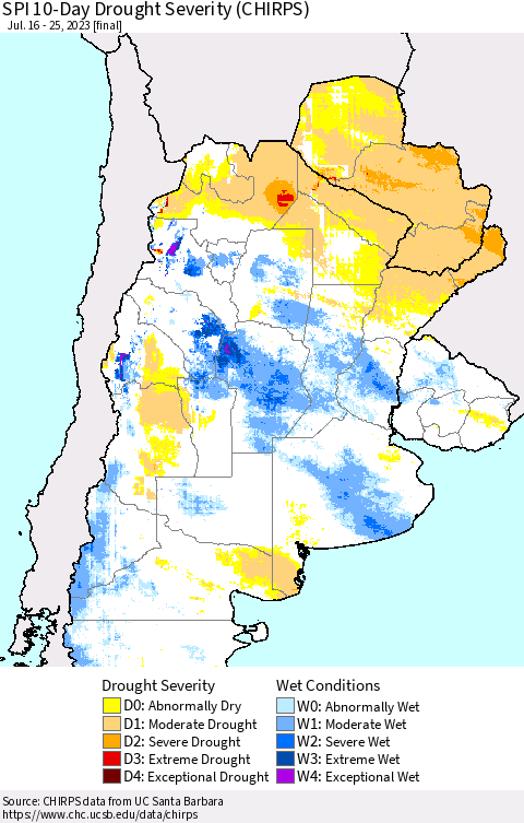 Southern South America SPI 10-Day Drought Severity (CHIRPS) Thematic Map For 7/16/2023 - 7/25/2023