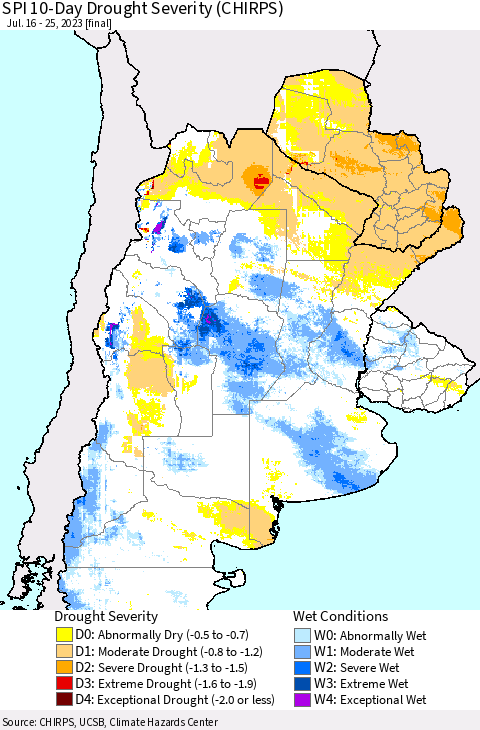 Southern South America SPI 10-Day Drought Severity (CHIRPS) Thematic Map For 7/16/2023 - 7/25/2023