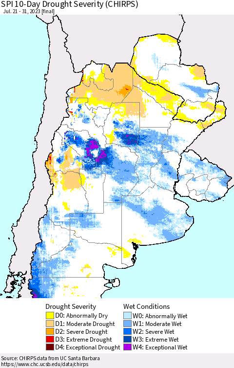 Southern South America SPI 10-Day Drought Severity (CHIRPS) Thematic Map For 7/21/2023 - 7/31/2023