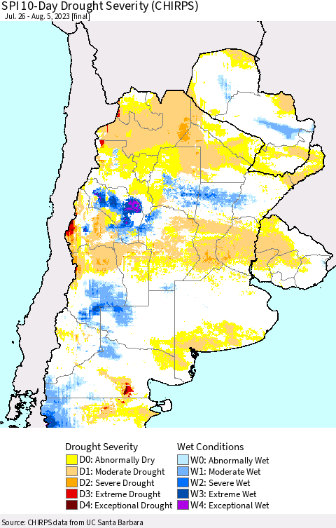 Southern South America SPI 10-Day Drought Severity (CHIRPS) Thematic Map For 7/26/2023 - 8/5/2023