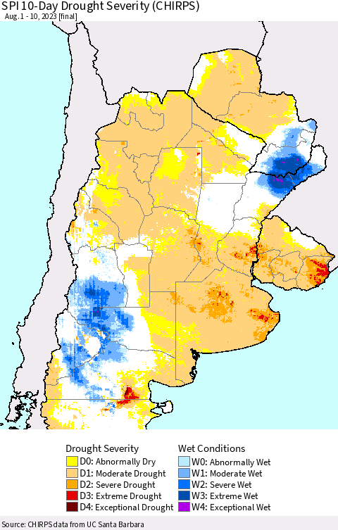 Southern South America SPI 10-Day Drought Severity (CHIRPS) Thematic Map For 8/1/2023 - 8/10/2023
