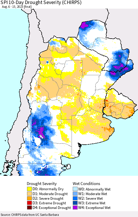 Southern South America SPI 10-Day Drought Severity (CHIRPS) Thematic Map For 8/6/2023 - 8/15/2023