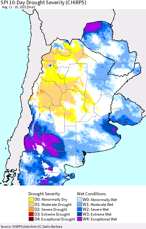 Southern South America SPI 10-Day Drought Severity (CHIRPS) Thematic Map For 8/11/2023 - 8/20/2023