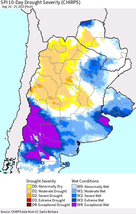 Southern South America SPI 10-Day Drought Severity (CHIRPS) Thematic Map For 8/16/2023 - 8/25/2023