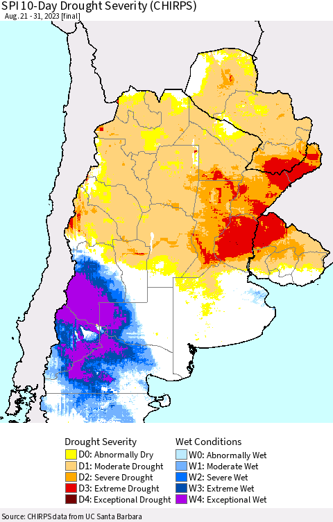 Southern South America SPI 10-Day Drought Severity (CHIRPS) Thematic Map For 8/21/2023 - 8/31/2023