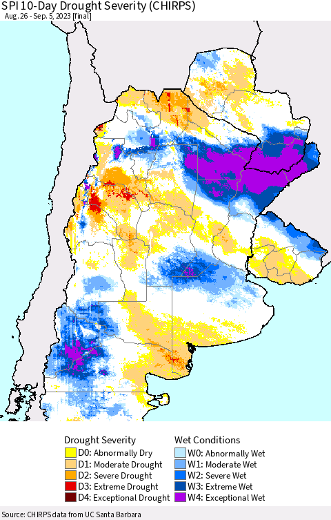 Southern South America SPI 10-Day Drought Severity (CHIRPS) Thematic Map For 8/26/2023 - 9/5/2023