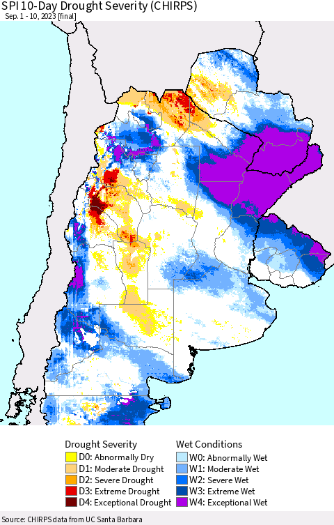 Southern South America SPI 10-Day Drought Severity (CHIRPS) Thematic Map For 9/1/2023 - 9/10/2023