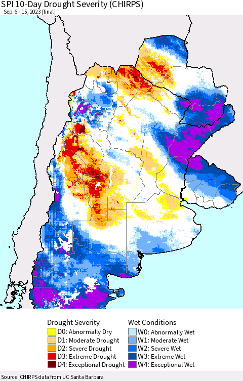 Southern South America SPI 10-Day Drought Severity (CHIRPS) Thematic Map For 9/6/2023 - 9/15/2023