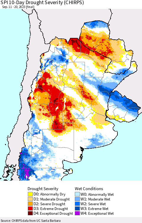 Southern South America SPI 10-Day Drought Severity (CHIRPS) Thematic Map For 9/11/2023 - 9/20/2023