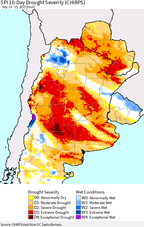 Southern South America SPI 10-Day Drought Severity (CHIRPS) Thematic Map For 9/16/2023 - 9/25/2023
