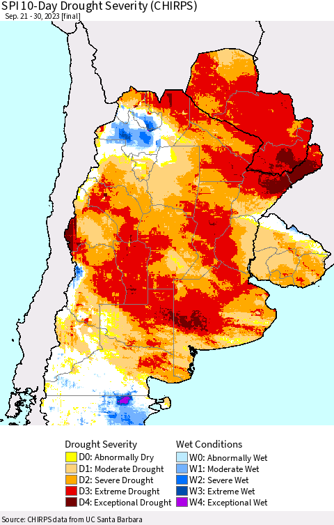 Southern South America SPI 10-Day Drought Severity (CHIRPS) Thematic Map For 9/21/2023 - 9/30/2023