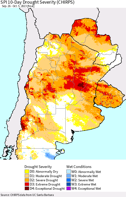 Southern South America SPI 10-Day Drought Severity (CHIRPS) Thematic Map For 9/26/2023 - 10/5/2023