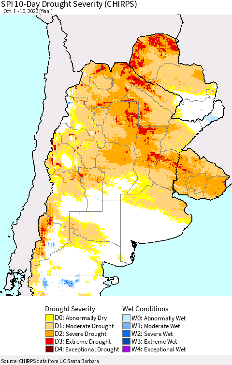 Southern South America SPI 10-Day Drought Severity (CHIRPS) Thematic Map For 10/1/2023 - 10/10/2023