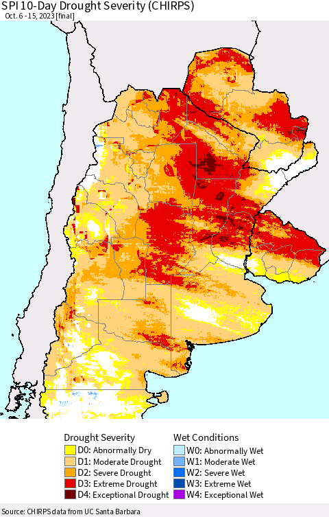 Southern South America SPI 10-Day Drought Severity (CHIRPS) Thematic Map For 10/6/2023 - 10/15/2023