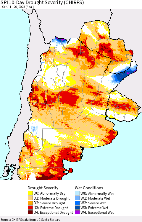 Southern South America SPI 10-Day Drought Severity (CHIRPS) Thematic Map For 10/11/2023 - 10/20/2023