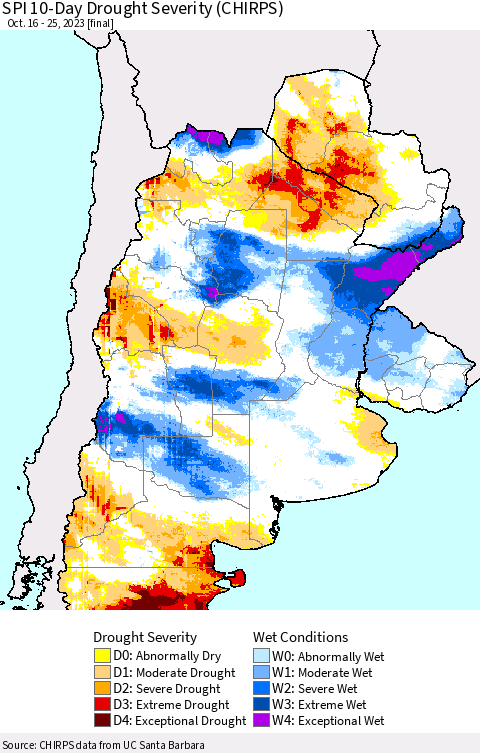 Southern South America SPI 10-Day Drought Severity (CHIRPS) Thematic Map For 10/16/2023 - 10/25/2023