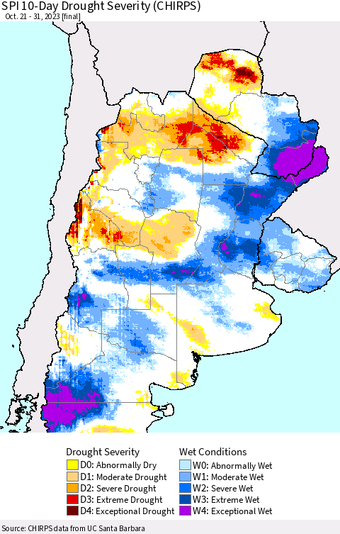 Southern South America SPI 10-Day Drought Severity (CHIRPS) Thematic Map For 10/21/2023 - 10/31/2023