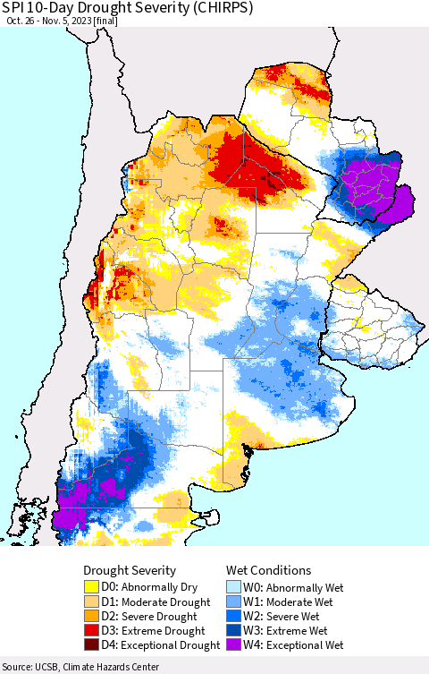 Southern South America SPI 10-Day Drought Severity (CHIRPS) Thematic Map For 10/26/2023 - 11/5/2023