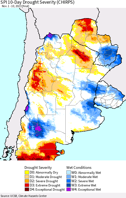 Southern South America SPI 10-Day Drought Severity (CHIRPS) Thematic Map For 11/1/2023 - 11/10/2023