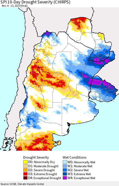 Southern South America SPI 10-Day Drought Severity (CHIRPS) Thematic Map For 11/6/2023 - 11/15/2023