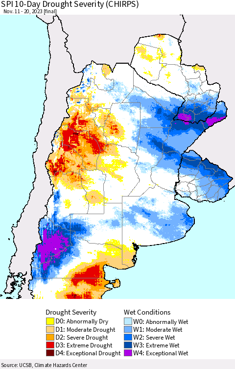 Southern South America SPI 10-Day Drought Severity (CHIRPS) Thematic Map For 11/11/2023 - 11/20/2023