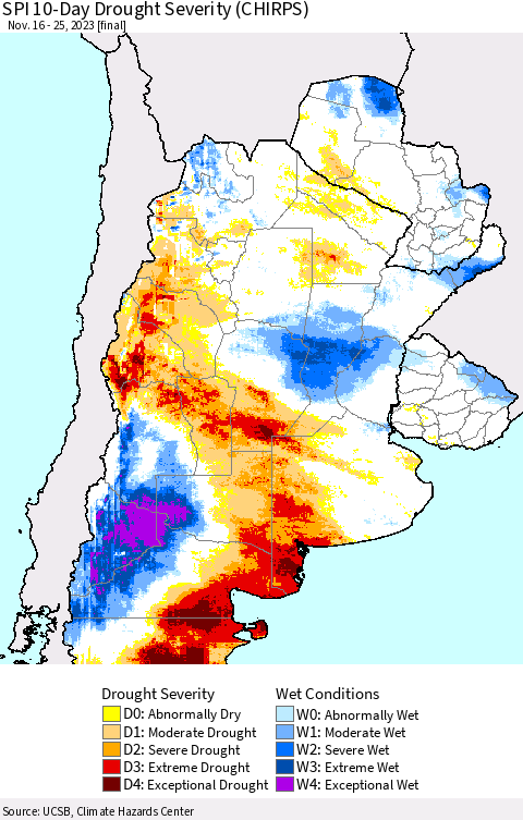 Southern South America SPI 10-Day Drought Severity (CHIRPS) Thematic Map For 11/16/2023 - 11/25/2023