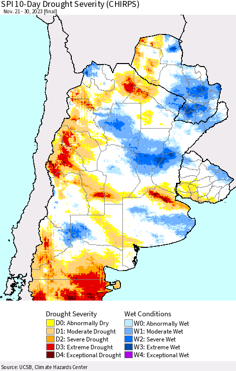 Southern South America SPI 10-Day Drought Severity (CHIRPS) Thematic Map For 11/21/2023 - 11/30/2023