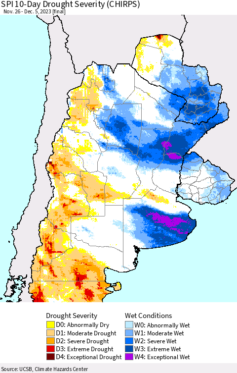 Southern South America SPI 10-Day Drought Severity (CHIRPS) Thematic Map For 11/26/2023 - 12/5/2023