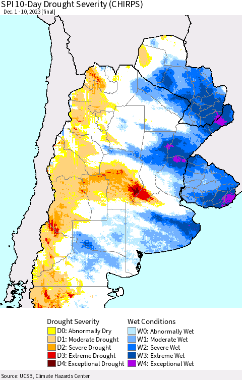 Southern South America SPI 10-Day Drought Severity (CHIRPS) Thematic Map For 12/1/2023 - 12/10/2023