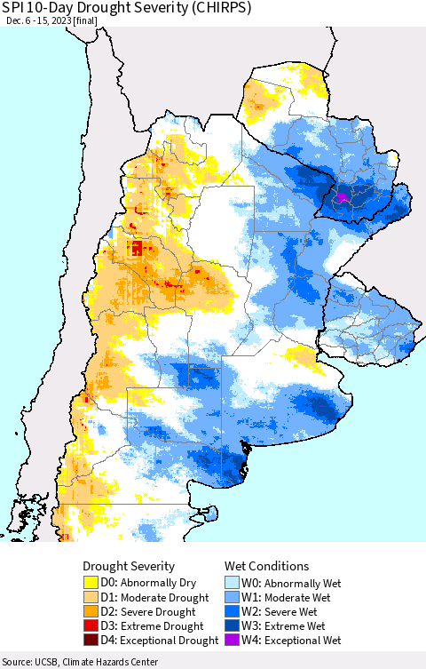 Southern South America SPI 10-Day Drought Severity (CHIRPS) Thematic Map For 12/6/2023 - 12/15/2023
