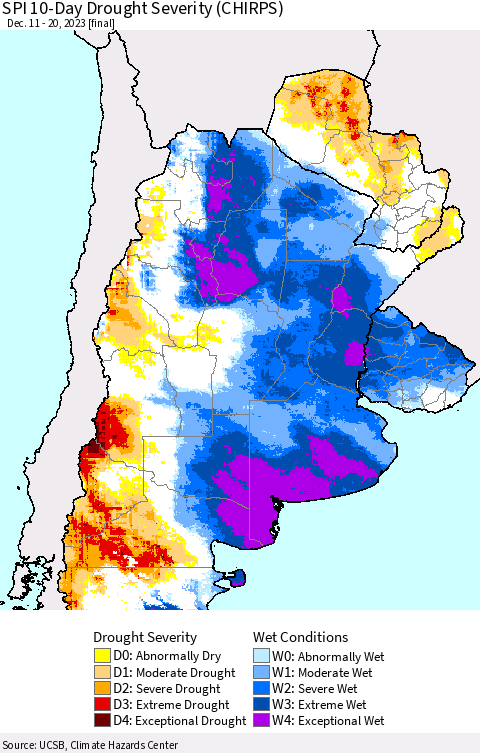 Southern South America SPI 10-Day Drought Severity (CHIRPS) Thematic Map For 12/11/2023 - 12/20/2023
