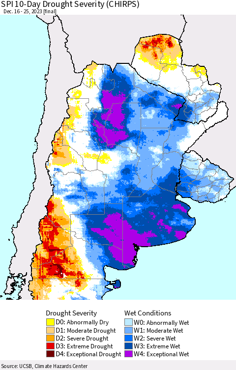 Southern South America SPI 10-Day Drought Severity (CHIRPS) Thematic Map For 12/16/2023 - 12/25/2023