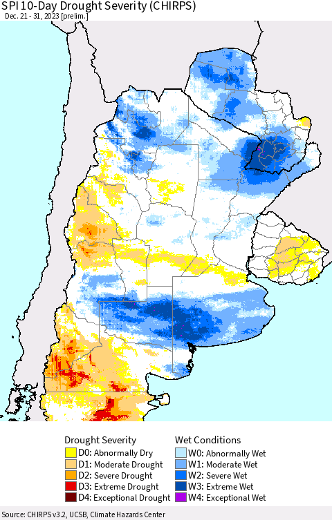 Southern South America SPI 10-Day Drought Severity (CHIRPS) Thematic Map For 12/21/2023 - 12/31/2023