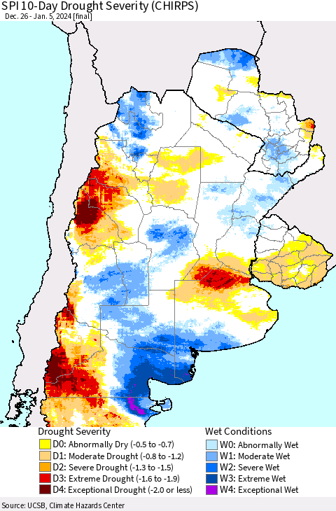 Southern South America SPI 10-Day Drought Severity (CHIRPS) Thematic Map For 12/26/2023 - 1/5/2024