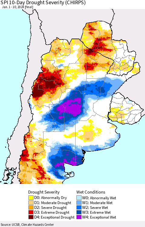 Southern South America SPI 10-Day Drought Severity (CHIRPS) Thematic Map For 1/1/2024 - 1/10/2024