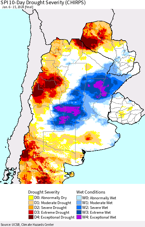 Southern South America SPI 10-Day Drought Severity (CHIRPS) Thematic Map For 1/6/2024 - 1/15/2024